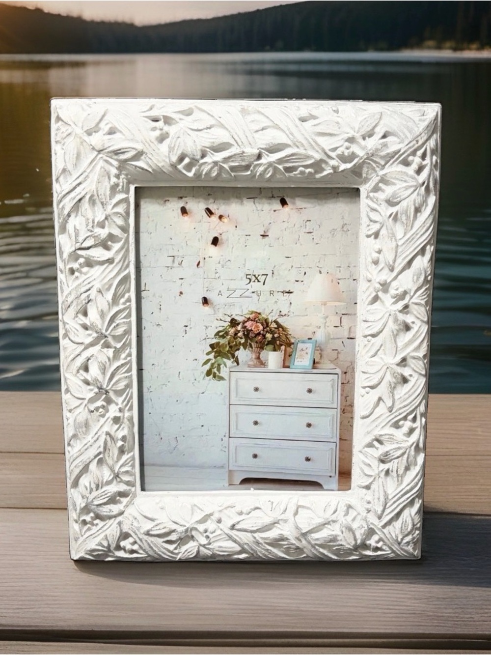 Azzure Home 5x7 White Embossed Leaf Vine Picture Frame AF5004-57WHS Shabby Chic